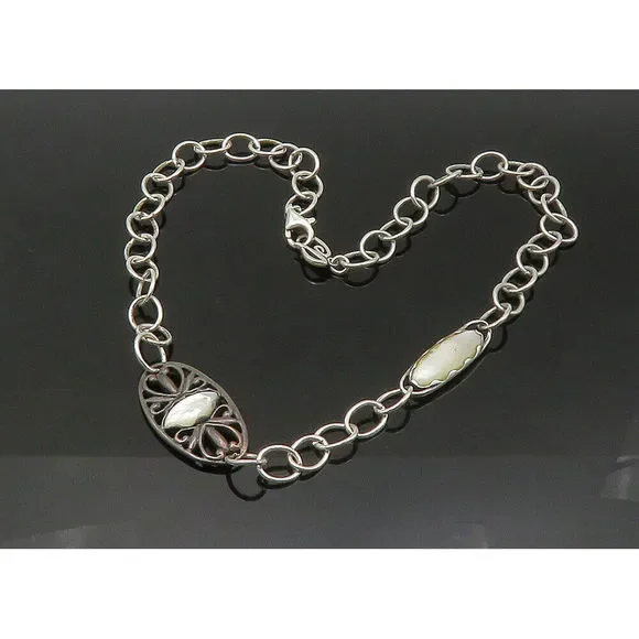 CAROLYN POLLACK 925 Silver Vintage Mother Of Pearl Chain Necklace NE3576